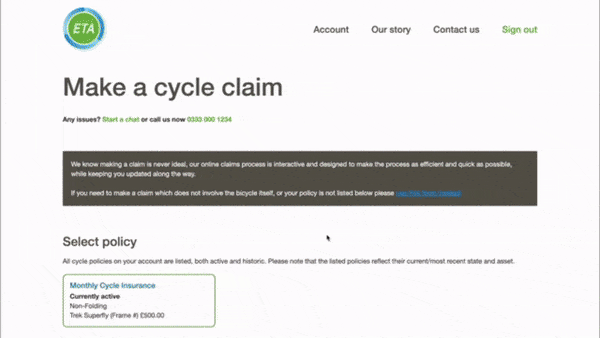 ETA cycle insurance online claims
